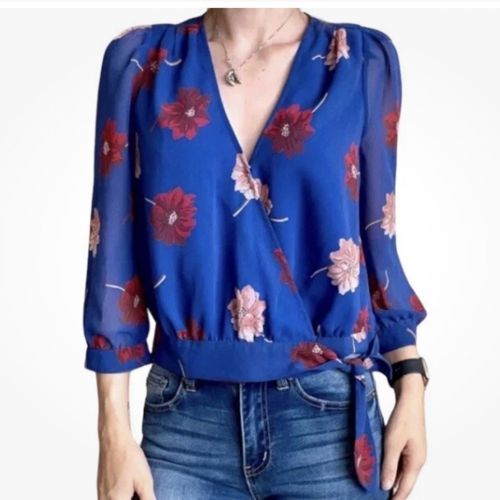 Madewell Blue and Red Floral Wrap Blouse